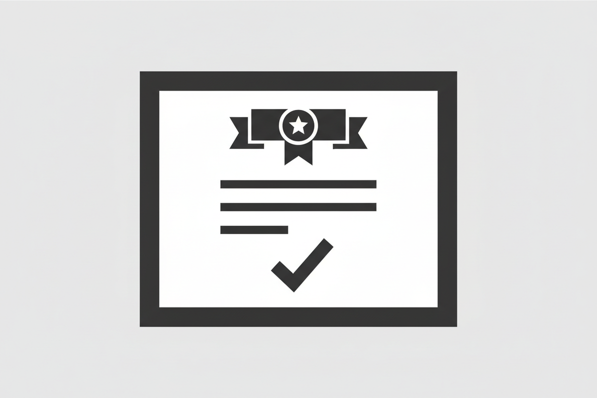 kun je een pictogram maken van een certificaat, graag strak en professioneel en zorgt dat de randen goed dikgedrukt en zwart zijn zodat het wel opvalt